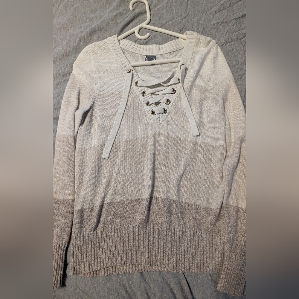 New York & Company Cream and Tan V-Neck Sweater with Lace-Up Detail